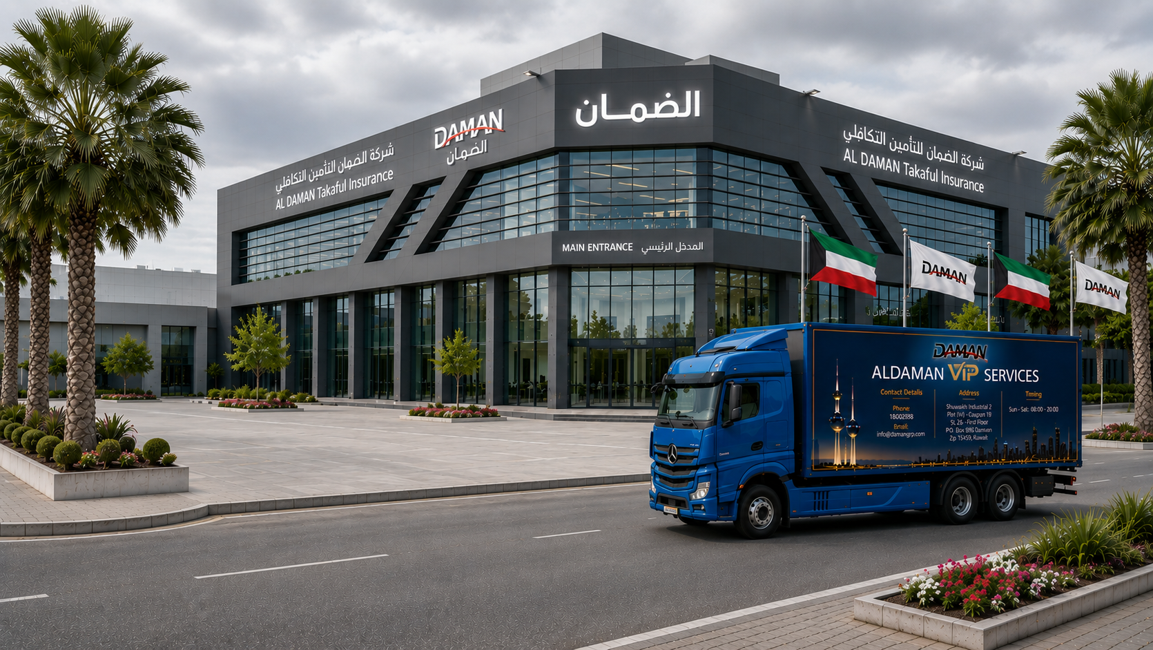 Al Daman branch building and VIP services truck in Kuwait